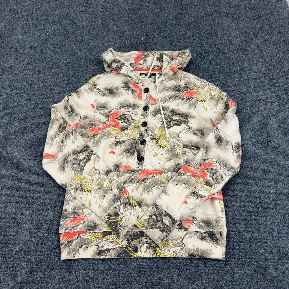 Lucky Brand Hoodie Womens S Cream Crane Japanese Art Button Neck Streetwear